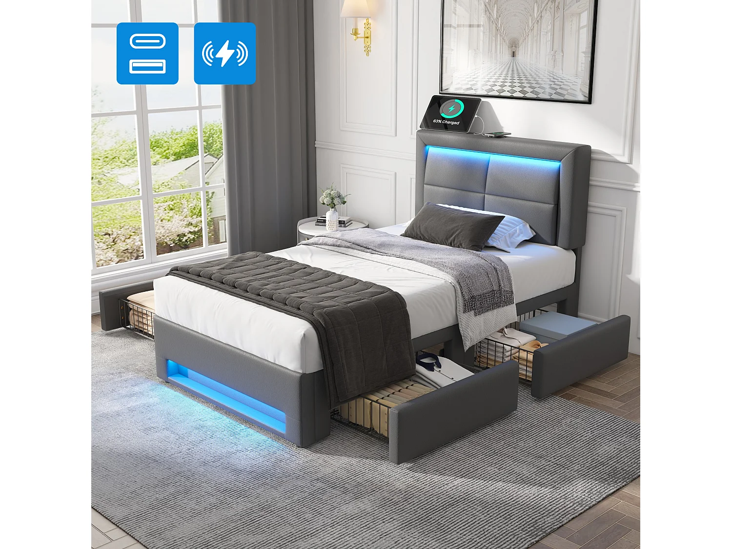 Letto imbottito 90 x 190 cm con testiera e 4 cassetti - LED e prese USB - Pelle PU - Grigio (senza materasso)