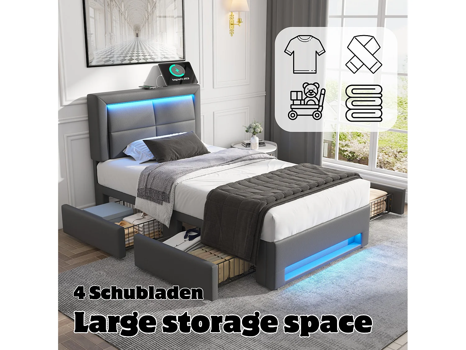 Letto imbottito 90 x 190 cm con testiera e 4 cassetti - LED e prese USB - Pelle PU - Grigio (senza materasso)