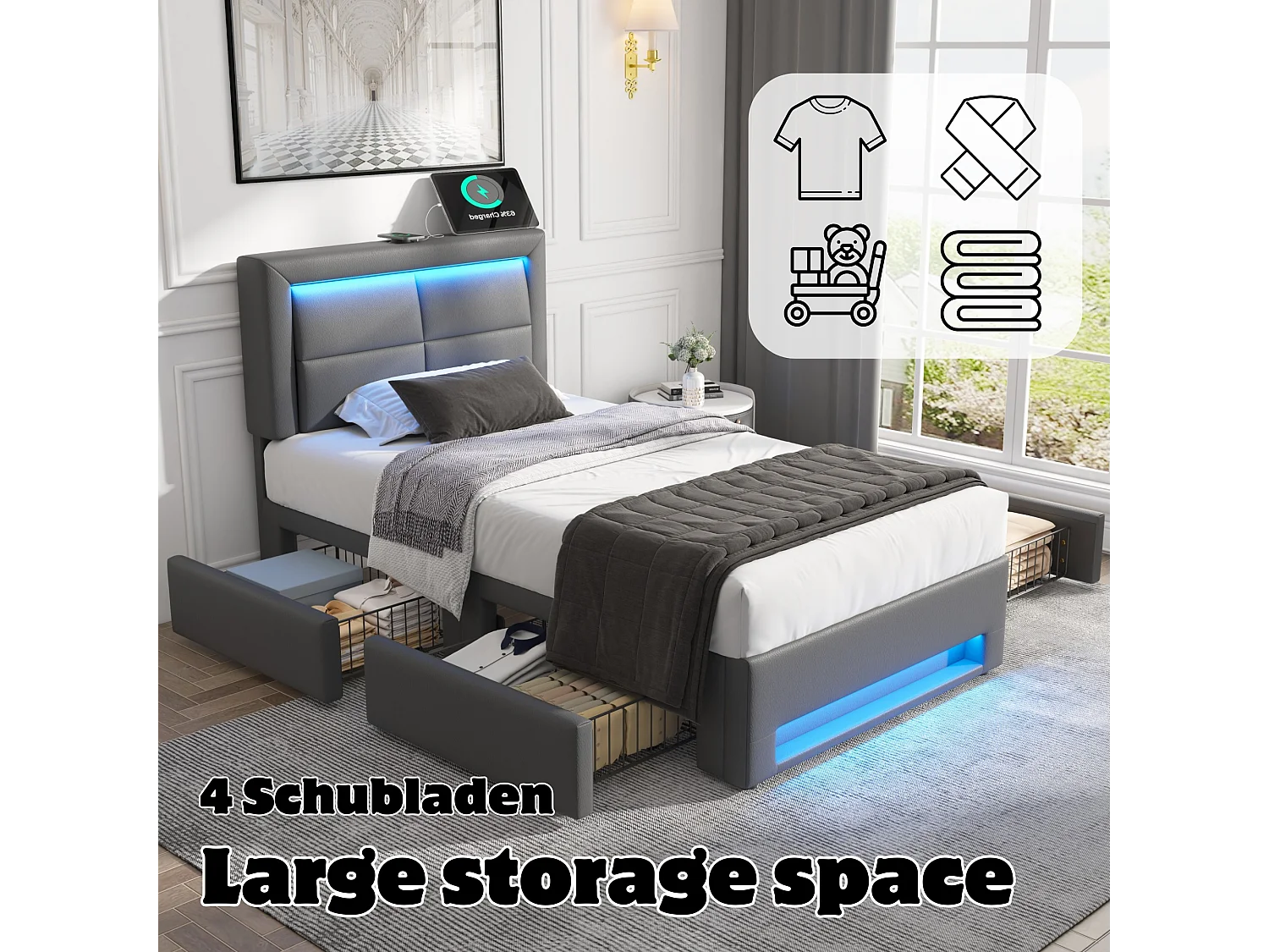 Łóżko tapicerowane 90 x 190 cm z wezgłowiem i 4 szufladami - LED-y i gniazda USB - skóra ekologiczna - Szare (bez materaca)