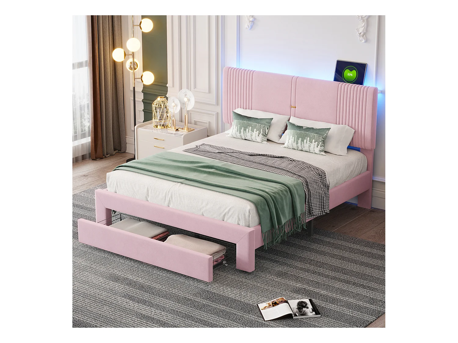 Lit capitonné 140 x 200 cm avec tête de lit et 1 tiroir - prise USB et LEDs - Tissu en velours - Rose ( sans matelas )