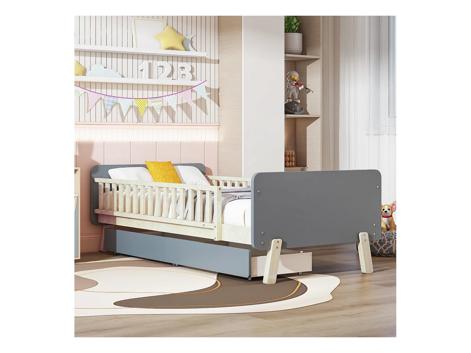 Lit enfant 90 x 190 cm avec 2 tiroirs en bois massif avec sommier à lattes et barrière pour enfant ou bébé, gris