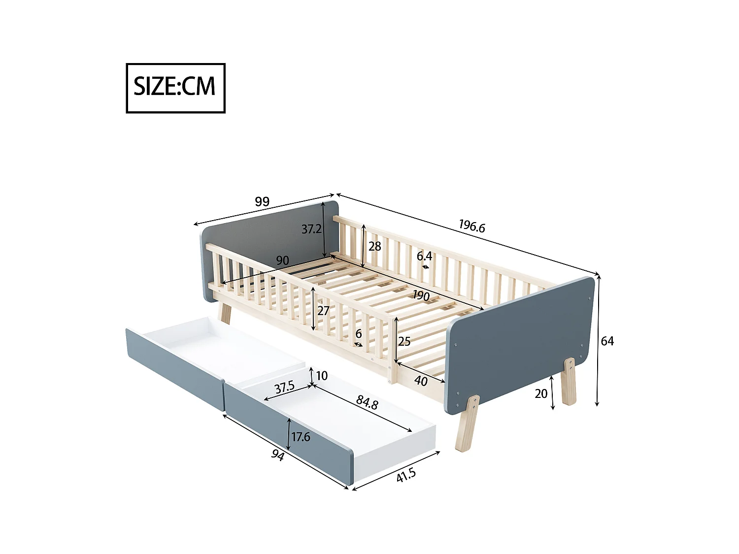 Lit enfant 90 x 190 cm avec 2 tiroirs en bois massif avec sommier à lattes et barrière pour enfant ou bébé, gris