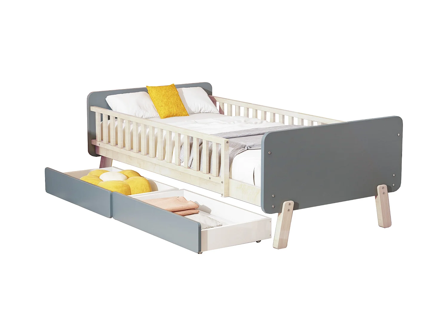 Lit enfant 90 x 190 cm avec 2 tiroirs en bois massif avec sommier à lattes et barrière pour enfant ou bébé, gris