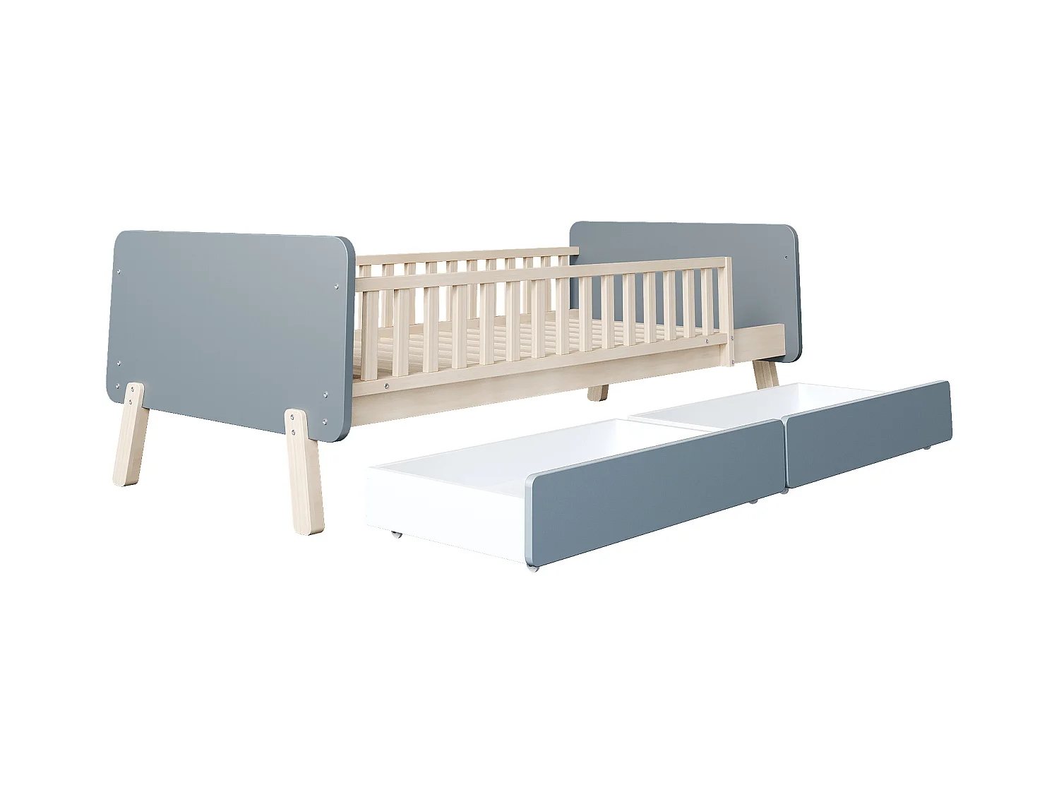 Lit enfant 90 x 190 cm avec 2 tiroirs en bois massif avec sommier à lattes et barrière pour enfant ou bébé, gris