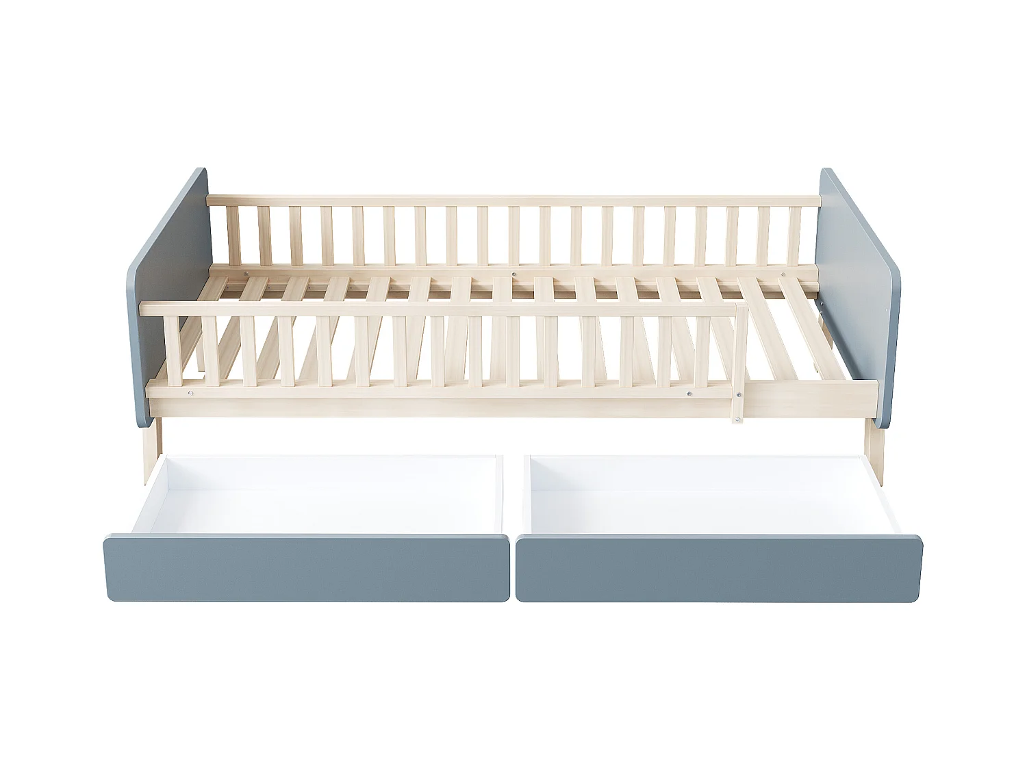 Lit enfant 90 x 190 cm avec 2 tiroirs en bois massif avec sommier à lattes et barrière pour enfant ou bébé, gris
