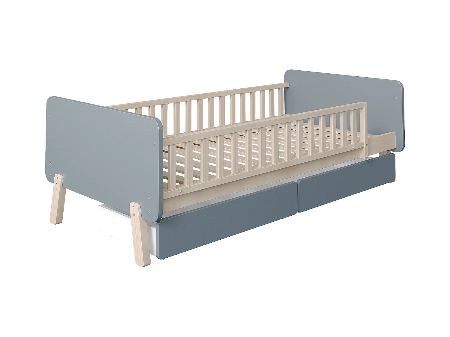 Lit enfant 90 x 190 cm avec 2 tiroirs en bois massif avec sommier à lattes et barrière pour enfant ou bébé, gris