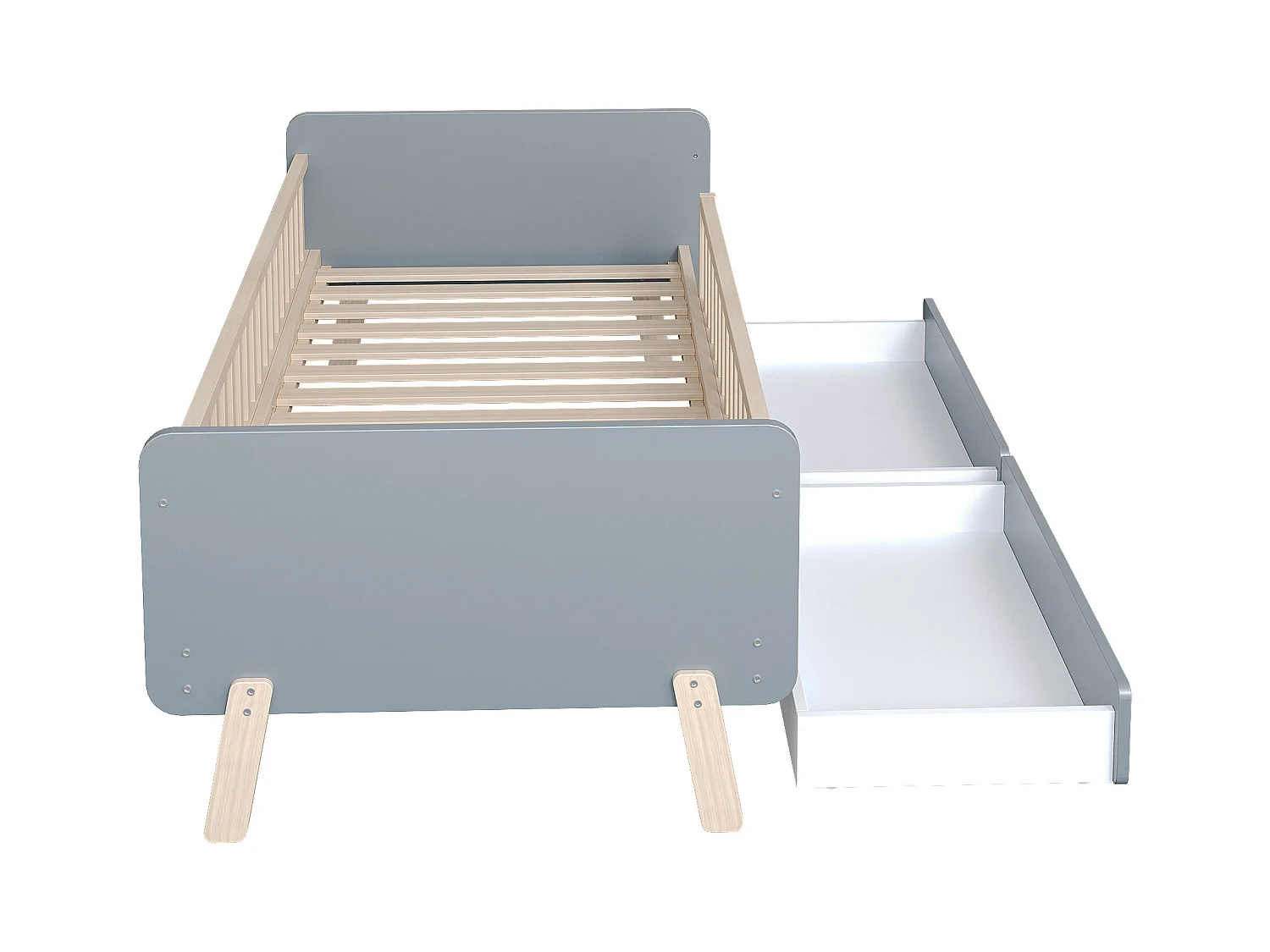 Lit enfant 90 x 190 cm avec 2 tiroirs en bois massif avec sommier à lattes et barrière pour enfant ou bébé, gris