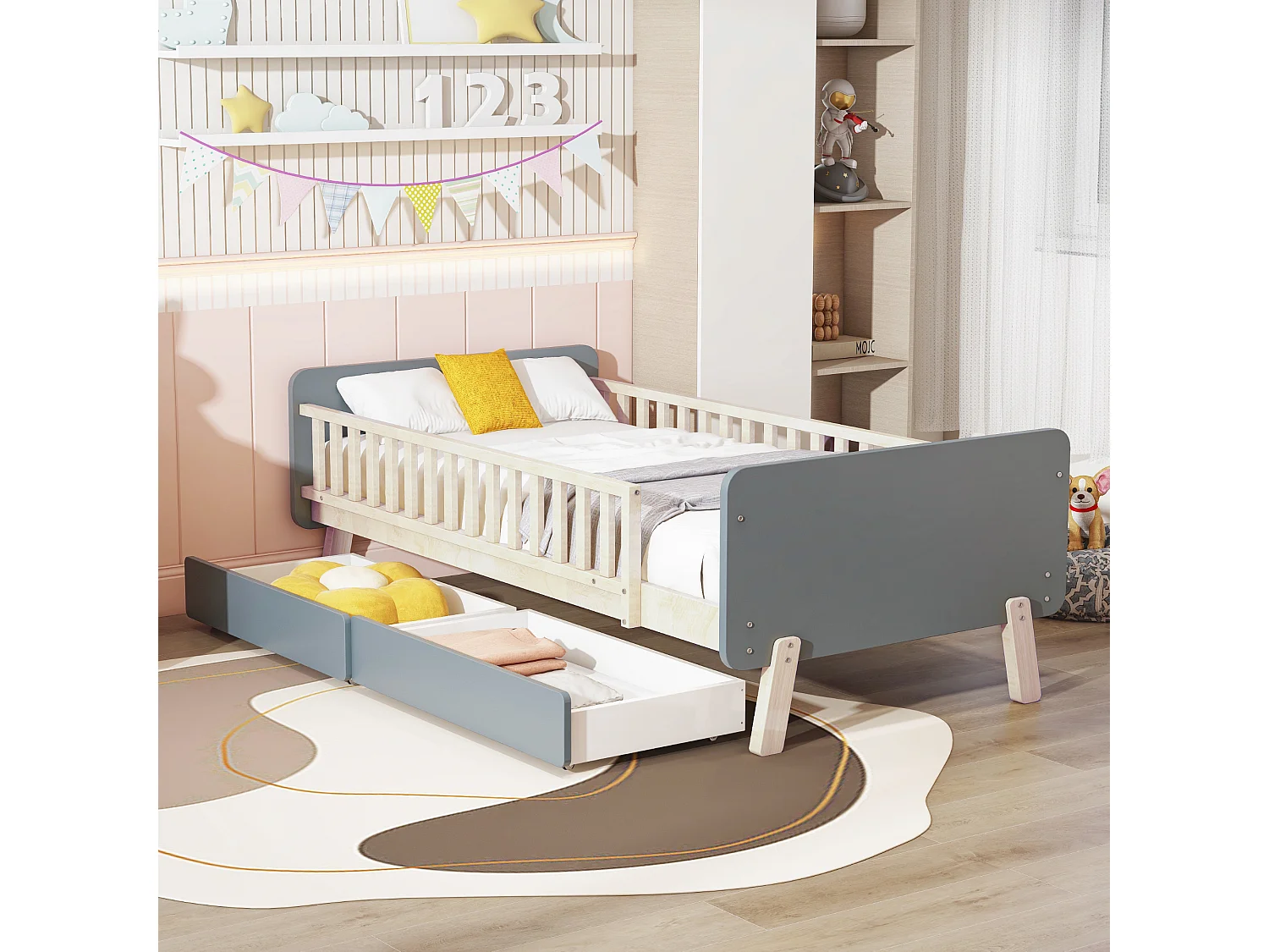 Cama infantil 90x190 cm con 2 cajones en madera maciza con somier de láminas y barrera para niño o bebé, gris