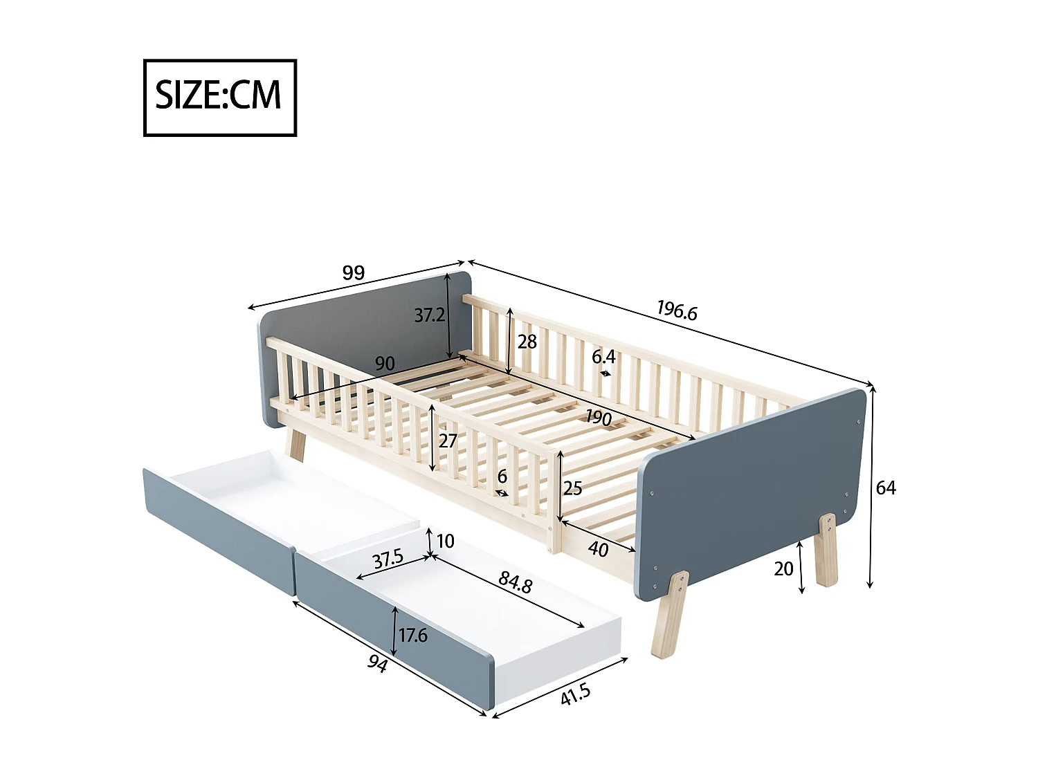 Cama infantil 90x190 cm con 2 cajones en madera maciza con somier de láminas y barrera para niño o bebé, gris