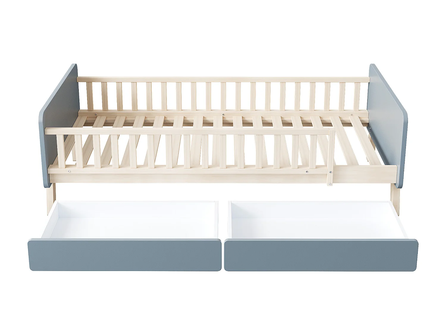 Cama infantil 90x190 cm con 2 cajones en madera maciza con somier de láminas y barrera para niño o bebé, gris