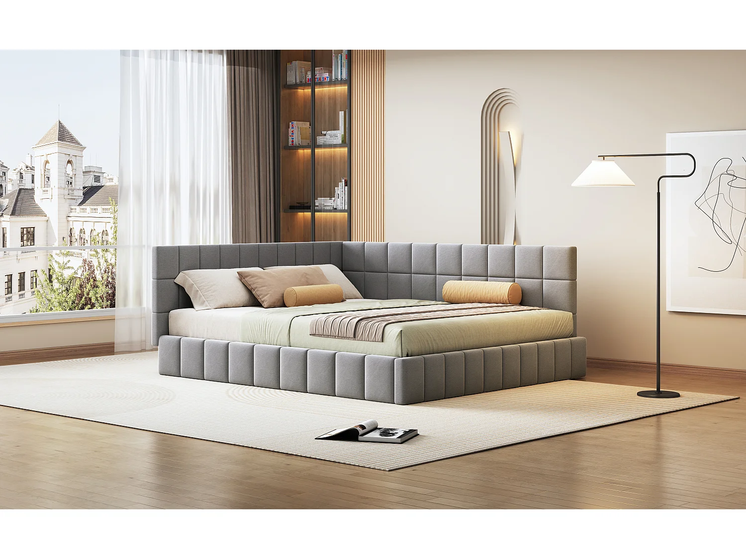 Lit capitonné 160 x 200 cm, Canapé-lit avec tête de lit - Tissu velours - avec sommier à lattes - Gris