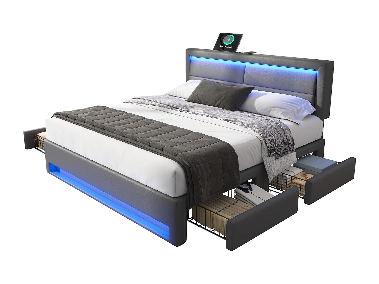 Lit capitonné 160 x 200 cm avec tête de lit et 4 tiroirs - LEDs et prises USB - Cuir PU - Noir (sans matelas)