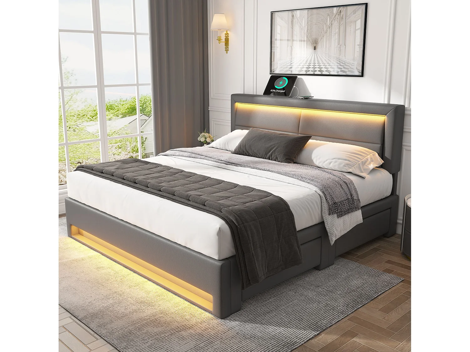 Lit capitonné 160 x 200 cm avec tête de lit et 4 tiroirs - LEDs et prises USB - Cuir PU - Noir (sans matelas)