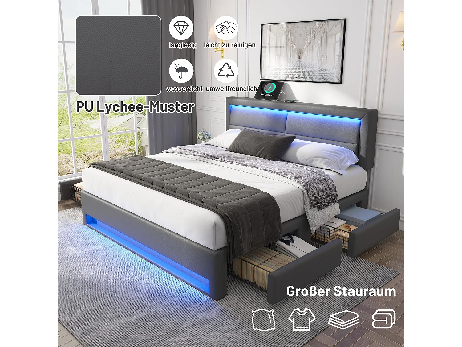 Lit capitonné 160 x 200 cm avec tête de lit et 4 tiroirs - LEDs et prises USB - Cuir PU - Noir (sans matelas)