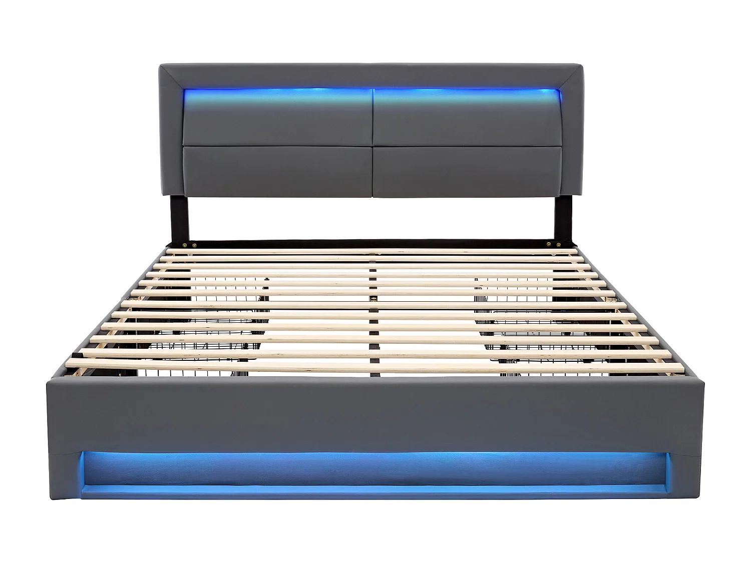 Lit capitonné 160 x 200 cm avec tête de lit et 4 tiroirs - LEDs et prises USB - Cuir PU - Noir (sans matelas)