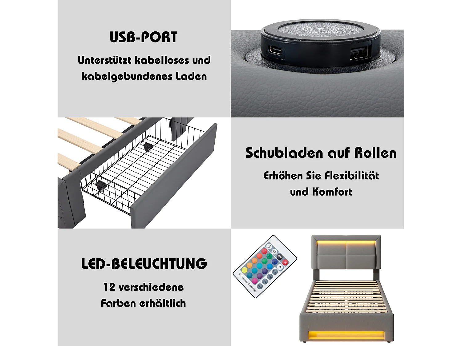 Lit capitonné 90 x 200 cm avec tête de lit et 4 tiroirs - LEDs et prises USB - Cuir PU - Gris (sans matelas)