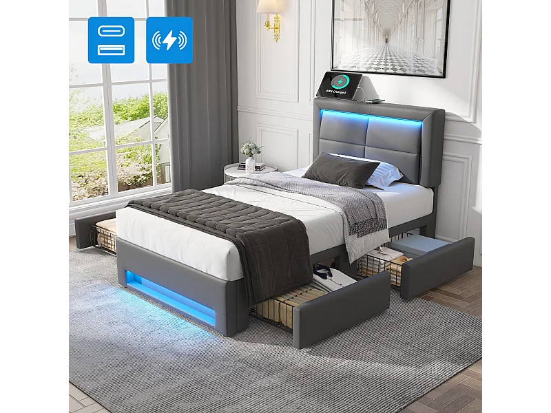 Lit capitonné 90 x 200 cm avec tête de lit et 4 tiroirs - LEDs et prises USB - Cuir PU - Gris (sans matelas)