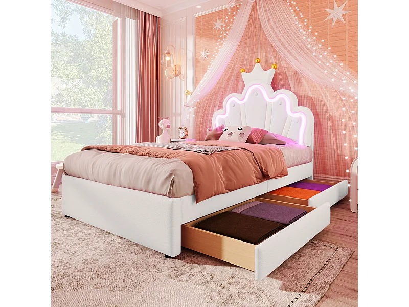 Lit capitonné 90 x 200 cm avec tête de lit couronne réglable et 2 tiroirs - LEDs - Cuir PU - Blanc (sans matelas)
