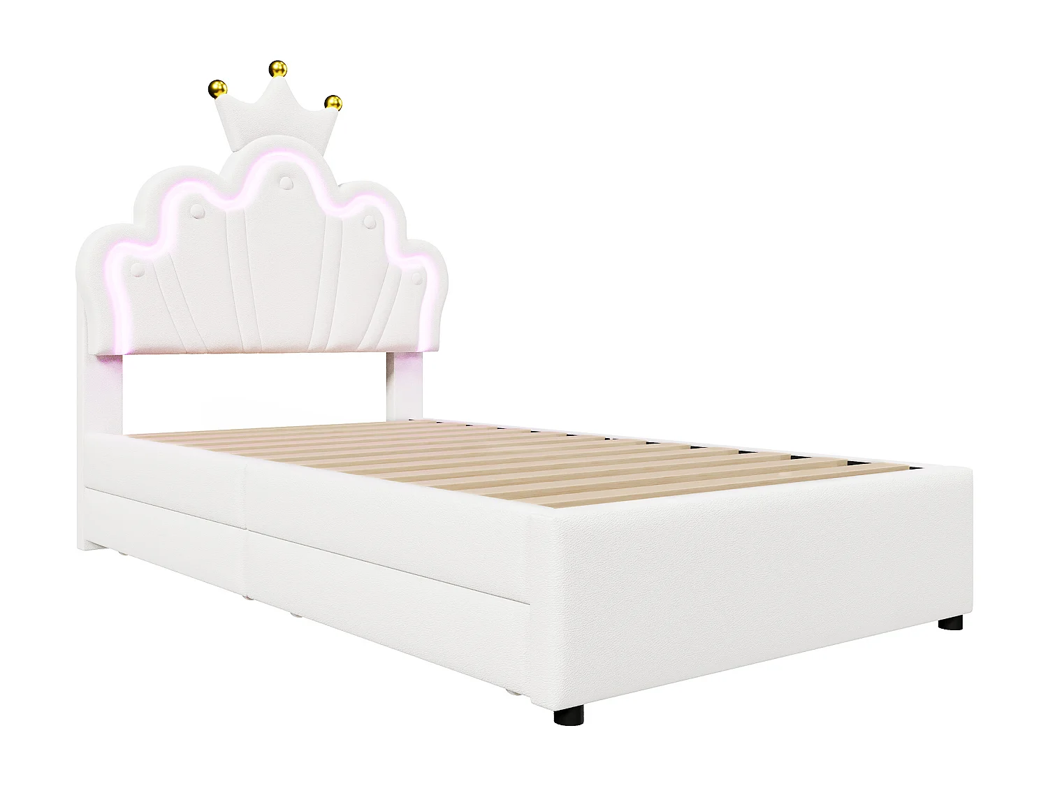 Letto imbottito 90 x 200 cm con testiera a corona regolabile e 2 cassetti - LED - Pelle PU - Bianco (senza materasso)
