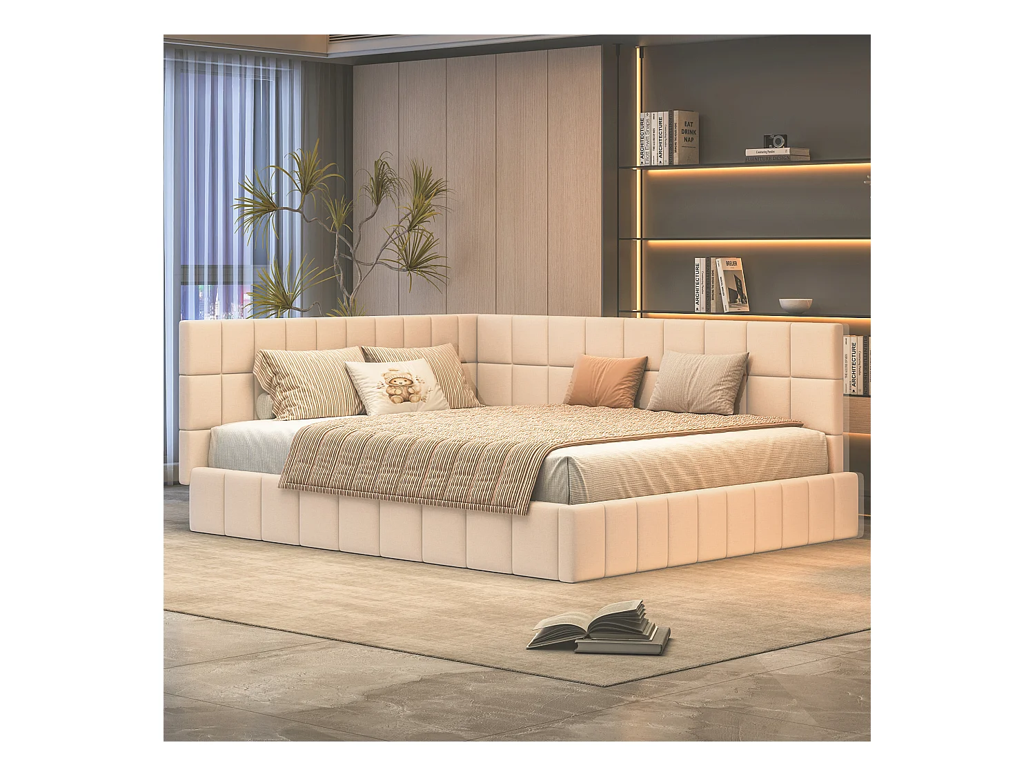 Polsterbett 160 x 200 cm, Schlafsofa mit Kopfteil - Samtstoff - mit Lattenrost - Beige
