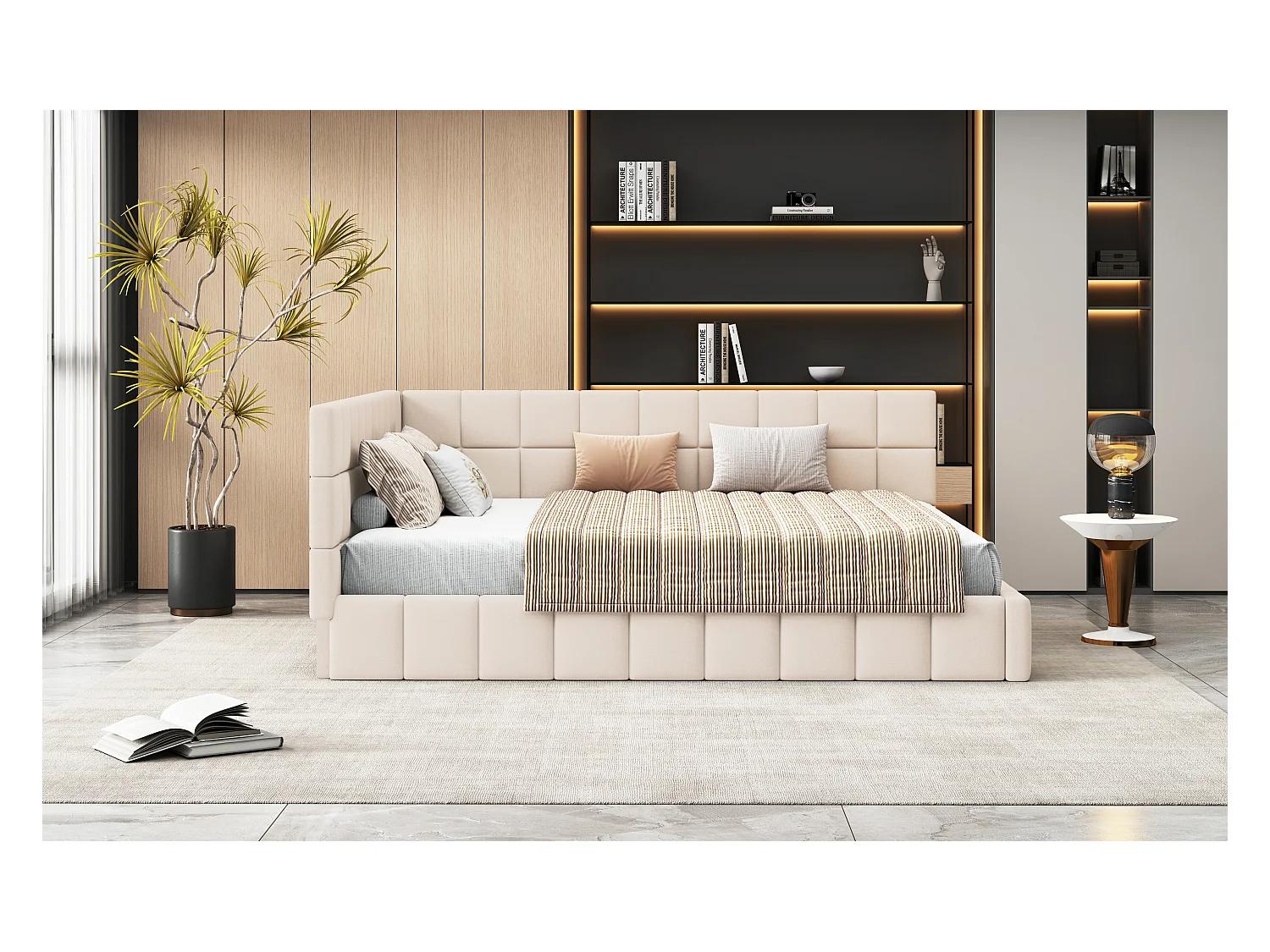 Polsterbett 160 x 200 cm, Schlafsofa mit Kopfteil - Samtstoff - mit Lattenrost - Beige