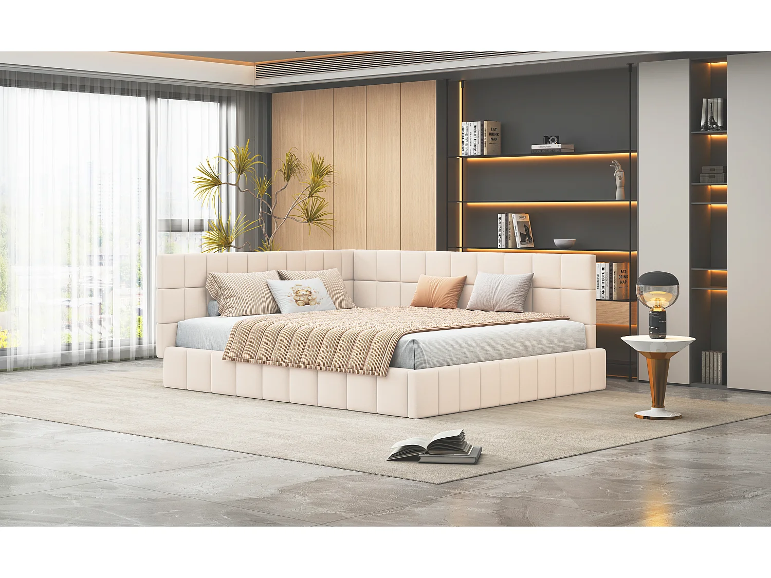 Polsterbett 160 x 200 cm, Schlafsofa mit Kopfteil - Samtstoff - mit Lattenrost - Beige