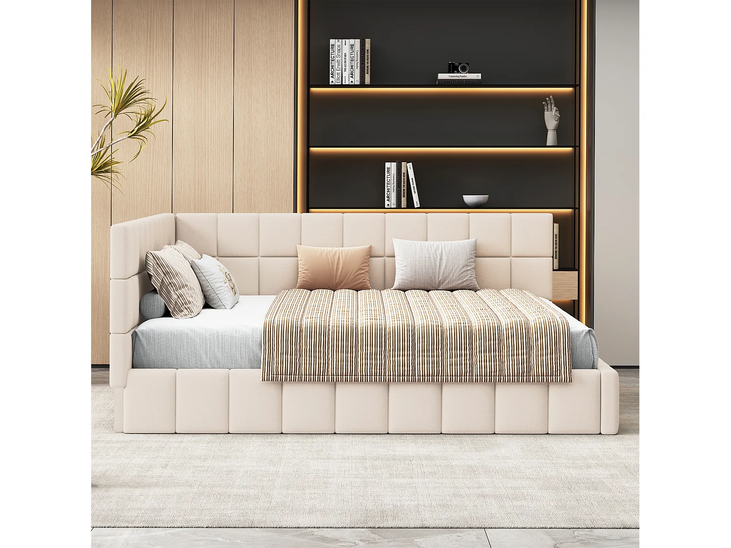 Lit capitonné 160 x 200 cm, Canapé-lit avec tête de lit - Tissu velours - avec sommier à lattes - Beige