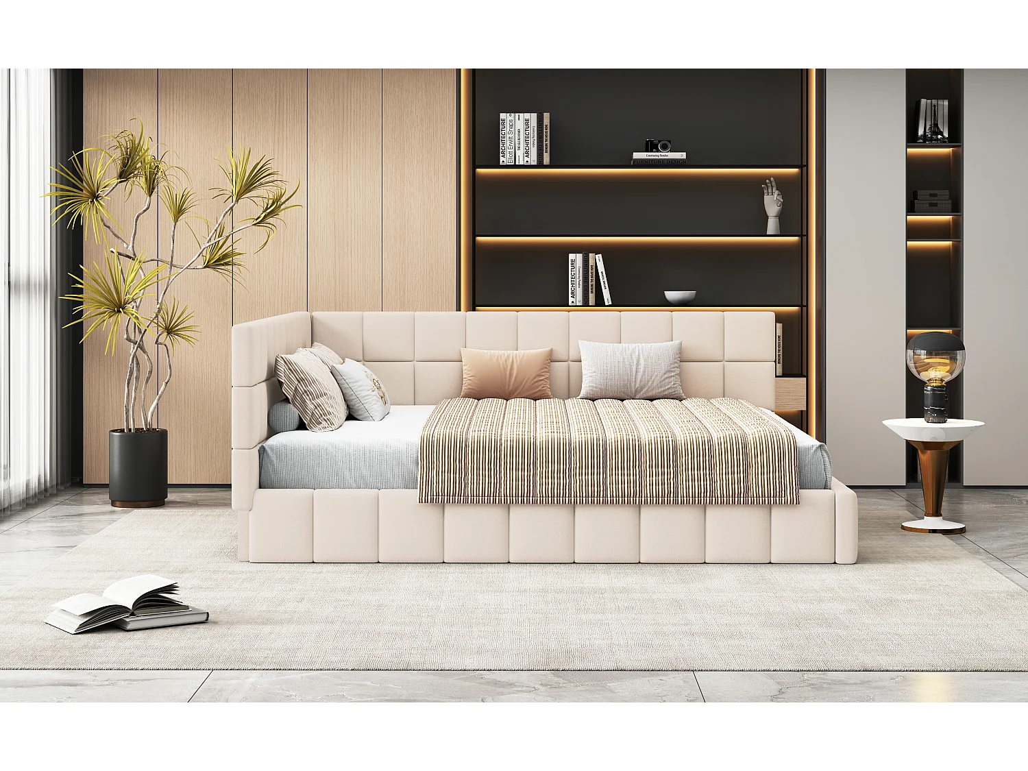 Lit capitonné 160 x 200 cm, Canapé-lit avec tête de lit - Tissu velours - avec sommier à lattes - Beige