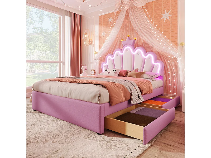 Lit capitonné 140 x 200 cm avec tête de lit couronne réglable et 2 tiroirs - LEDs - Cuir PU - Rose (sans matelas)