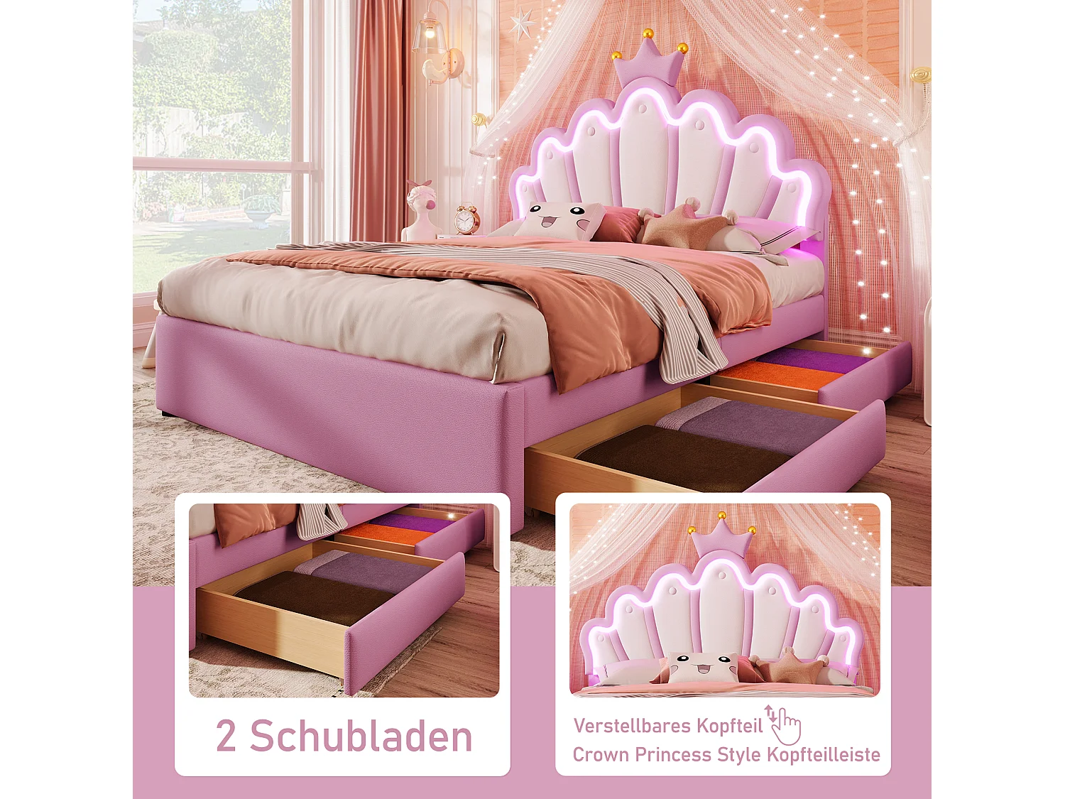 Lit capitonné 140 x 200 cm avec tête de lit couronne réglable et 2 tiroirs - LEDs - Cuir PU - Rose (sans matelas)