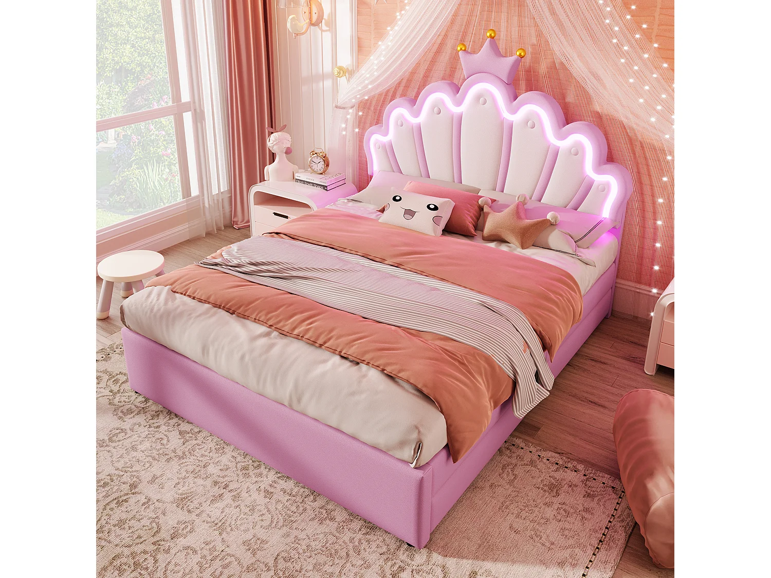 Lit capitonné 140 x 200 cm avec tête de lit couronne réglable et 2 tiroirs - LEDs - Cuir PU - Rose (sans matelas)