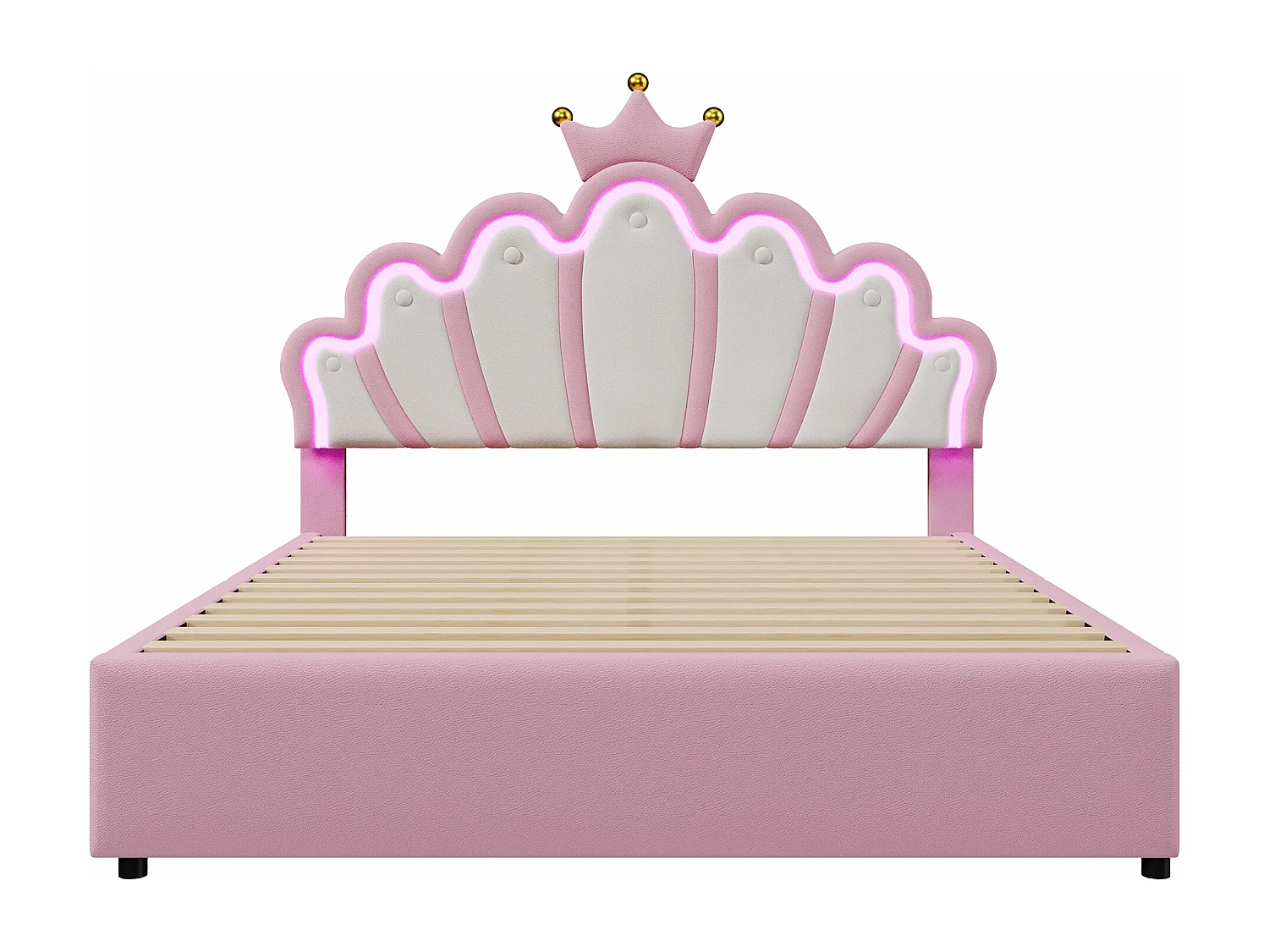 Lit capitonné 140 x 200 cm avec tête de lit couronne réglable et 2 tiroirs - LEDs - Cuir PU - Rose (sans matelas)