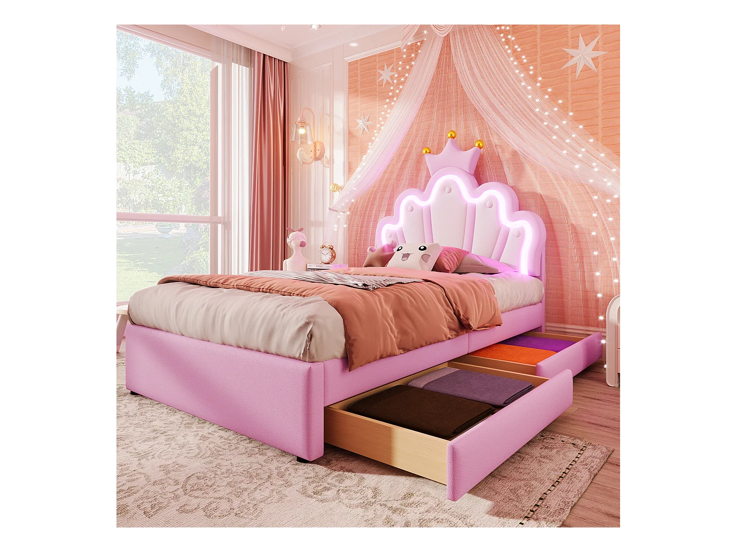 90 x 200 cm Polsterbett mit verstellbarem Kronenkopfteil und 2 Schubladen - LEDs - PU-Leder - Rosa (ohne Matratze)