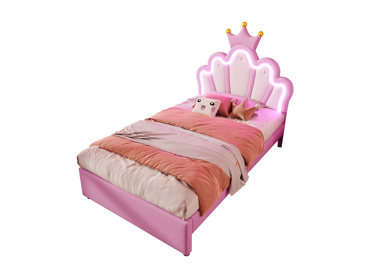 90 x 200 cm Polsterbett mit verstellbarem Kronenkopfteil und 2 Schubladen - LEDs - PU-Leder - Rosa (ohne Matratze)