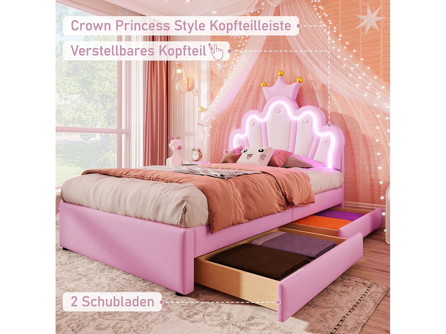 Letto imbottito 90 x 200 cm con testiera a corona regolabile e 2 cassetti - LED - Pelle PU - Rosa (materasso non incluso)