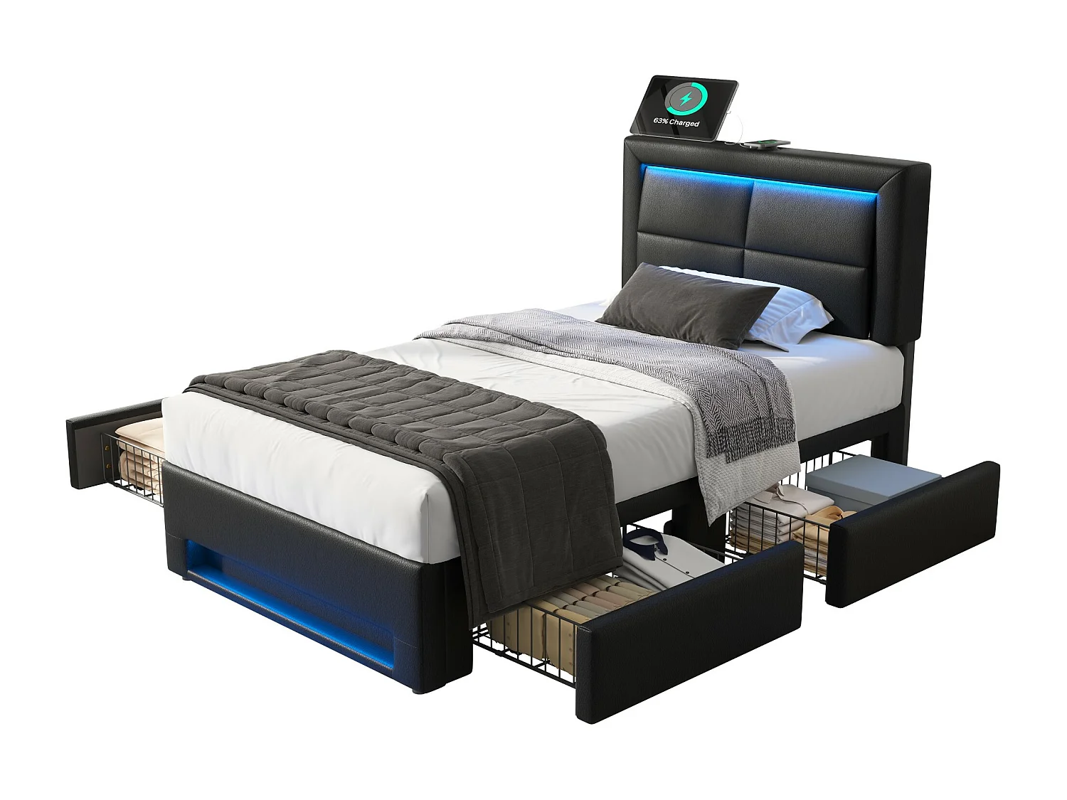 Lit capitonné 90 x 200 cm avec tête de lit et 4 tiroirs - LEDs et prises USB - Cuir PU - Noir (sans matelas)