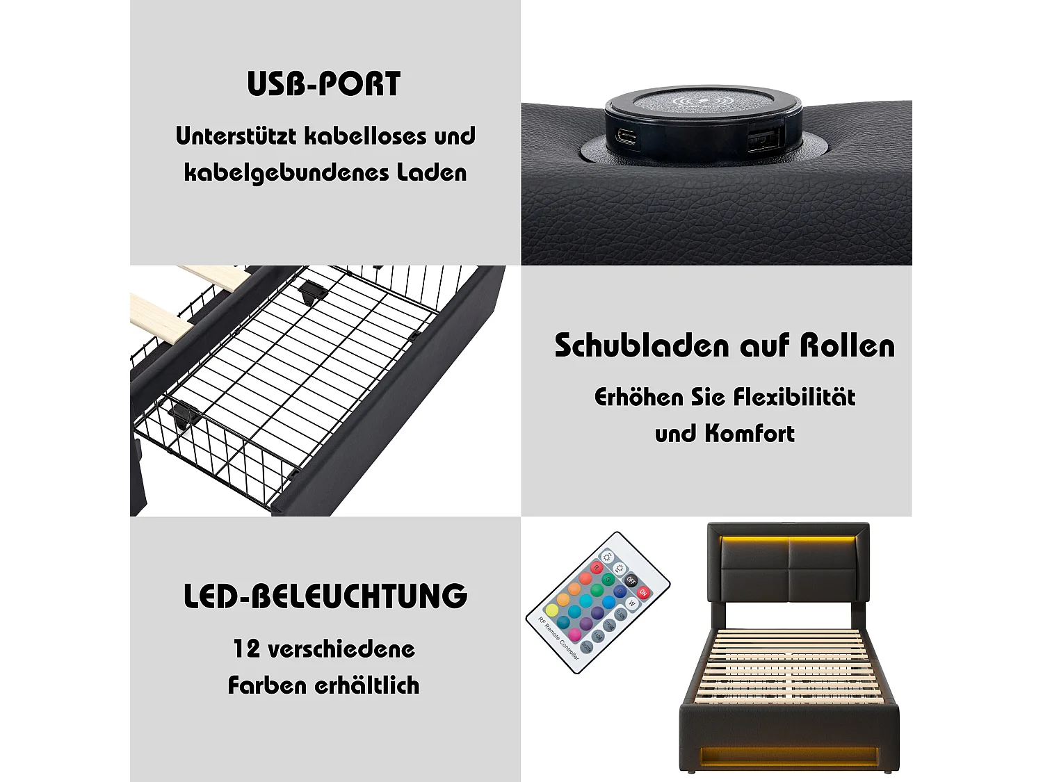 Lit capitonné 90 x 190 cm avec tête de lit et 4 tiroirs - LEDs et prises USB - Cuir PU - Noir (sans matelas)