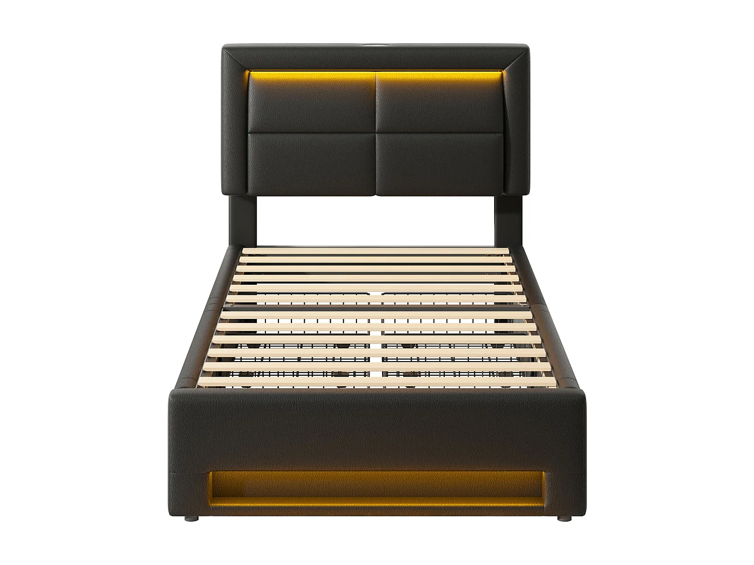 Lit capitonné 90 x 190 cm avec tête de lit et 4 tiroirs - LEDs et prises USB - Cuir PU - Noir (sans matelas)