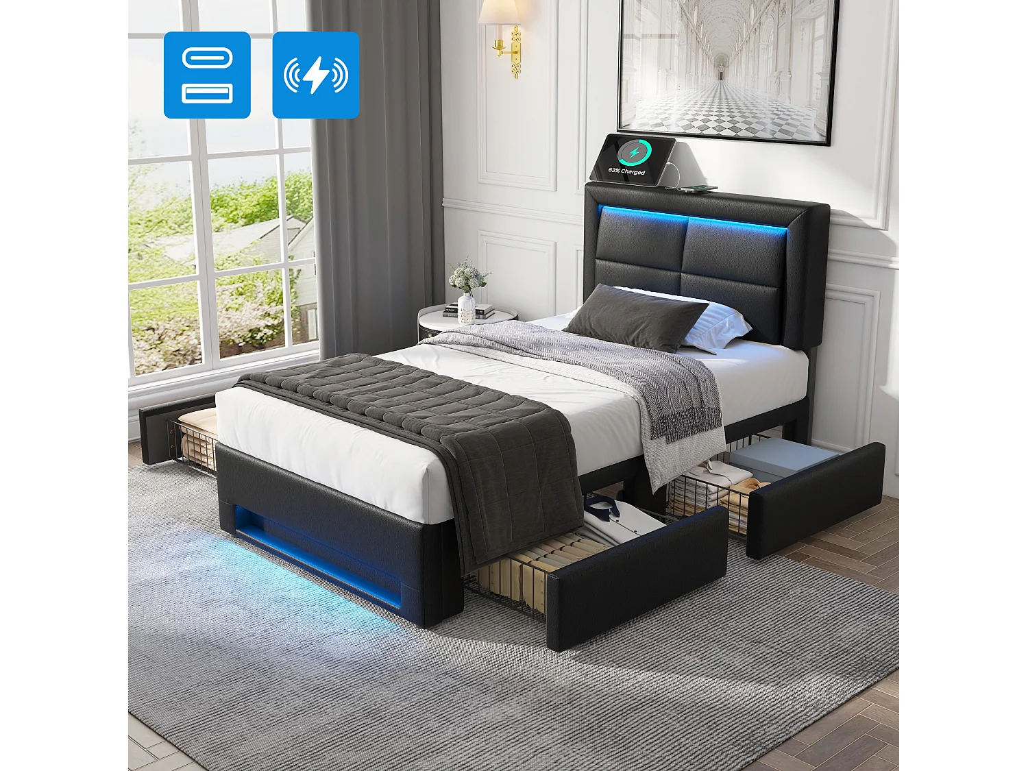 Lit capitonné 90 x 190 cm avec tête de lit et 4 tiroirs - LEDs et prises USB - Cuir PU - Noir (sans matelas)