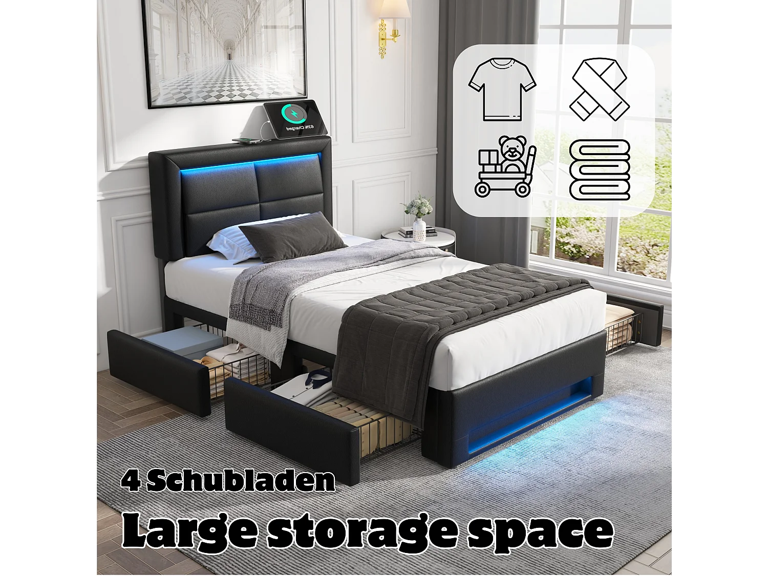 Lit capitonné 90 x 190 cm avec tête de lit et 4 tiroirs - LEDs et prises USB - Cuir PU - Noir (sans matelas)