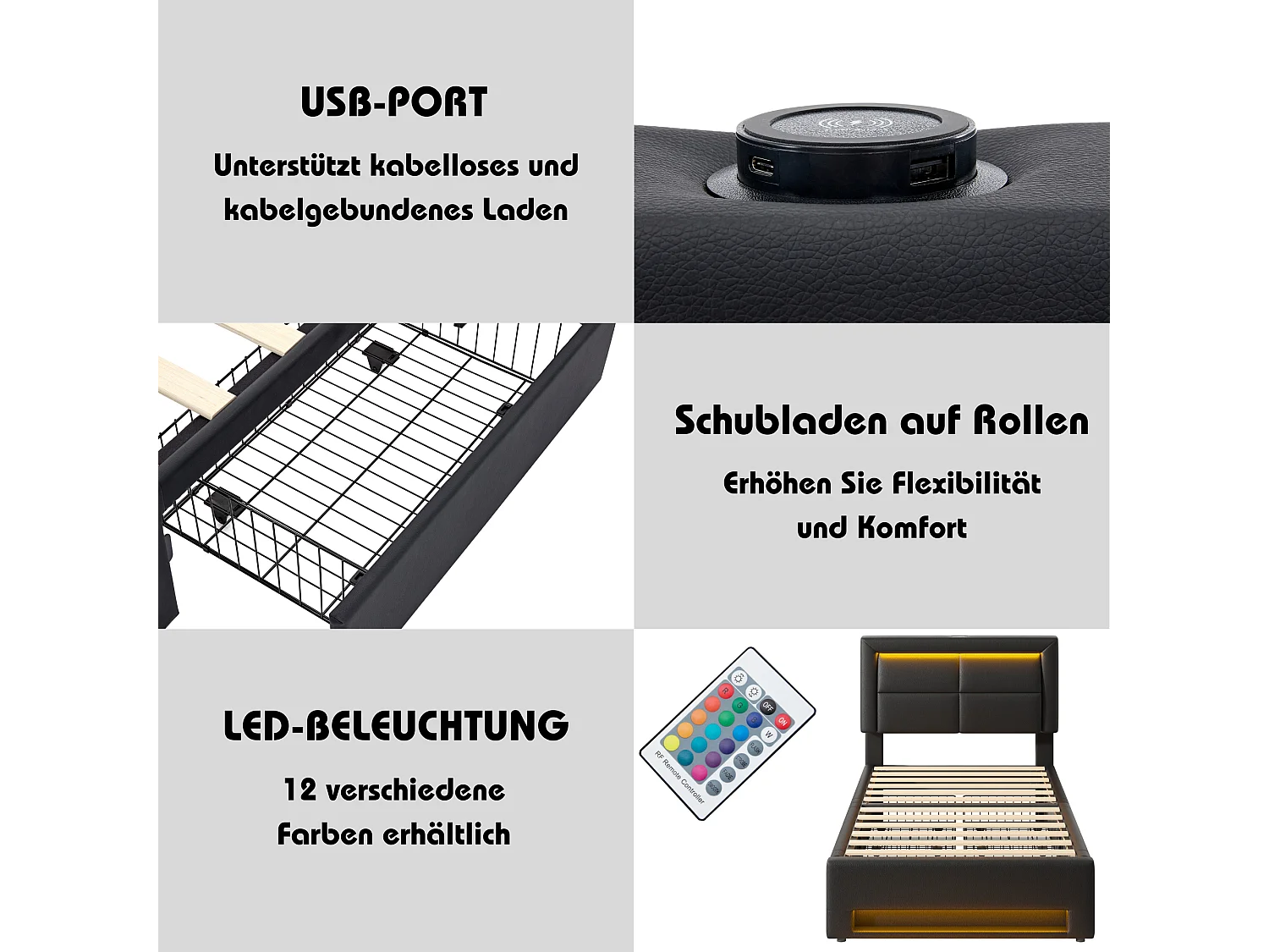 Lit capitonné 90 x 190 cm avec tête de lit et 4 tiroirs - LEDs et prises USB - Cuir PU - Noir (sans matelas)