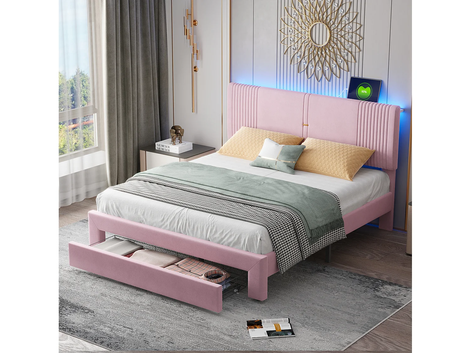 160 x 200 cm Polsterbett mit Kopfteil und 1 Schublade - USB-Anschluss und LEDs - Samtstoff - Rosa (ohne Matratze)