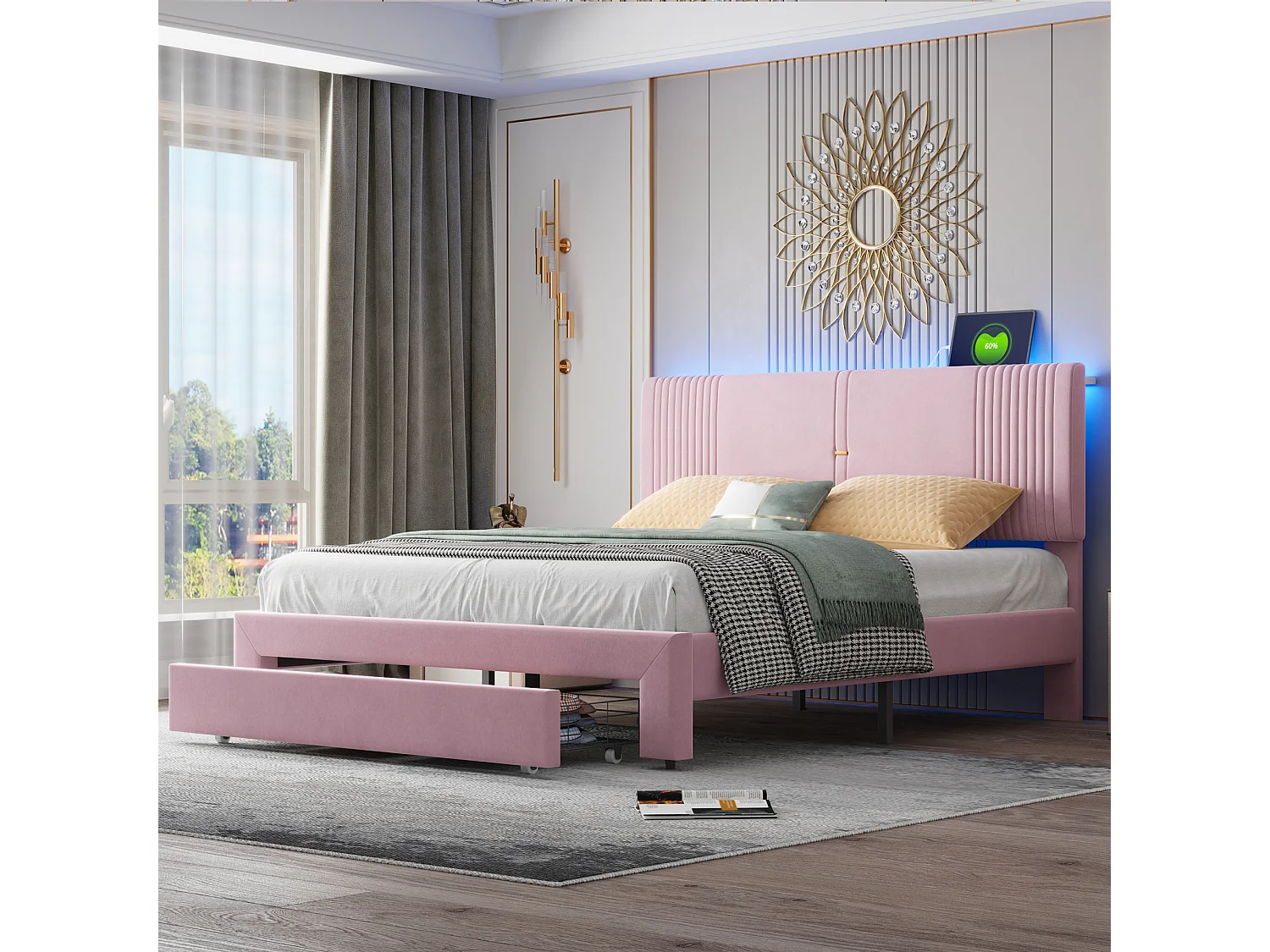 160 x 200 cm Polsterbett mit Kopfteil und 1 Schublade - USB-Anschluss und LEDs - Samtstoff - Rosa (ohne Matratze)