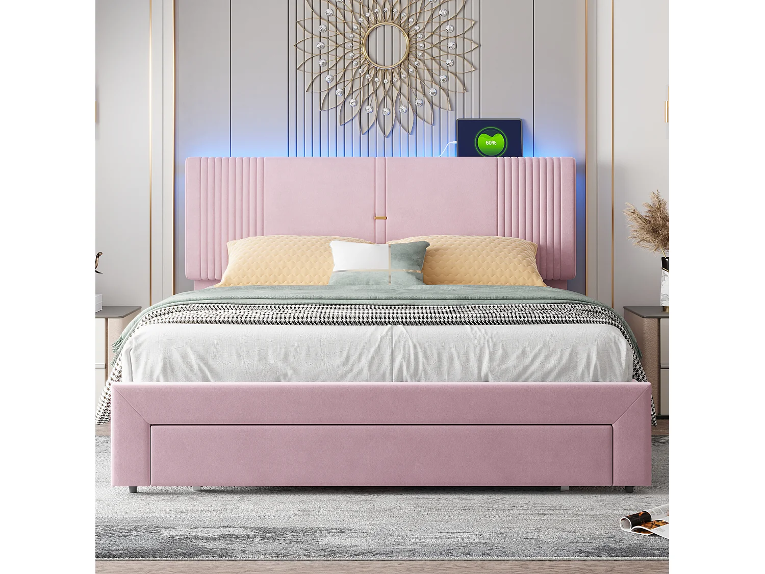 160 x 200 cm Polsterbett mit Kopfteil und 1 Schublade - USB-Anschluss und LEDs - Samtstoff - Rosa (ohne Matratze)