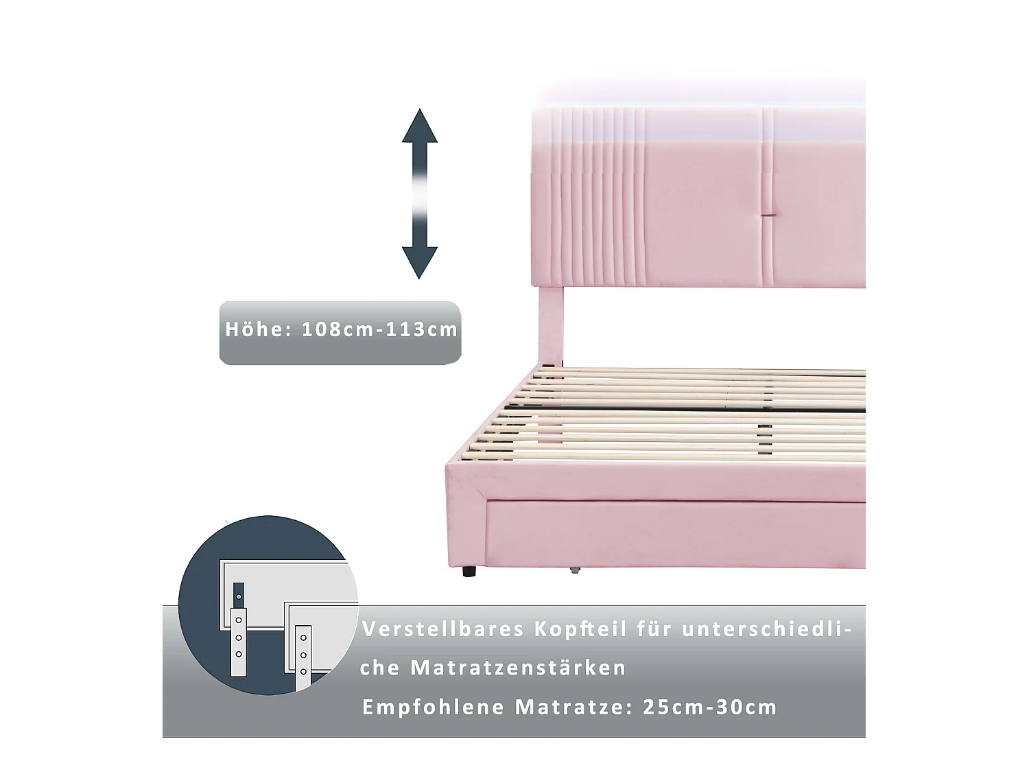 160 x 200 cm Polsterbett mit Kopfteil und 1 Schublade - USB-Anschluss und LEDs - Samtstoff - Rosa (ohne Matratze)