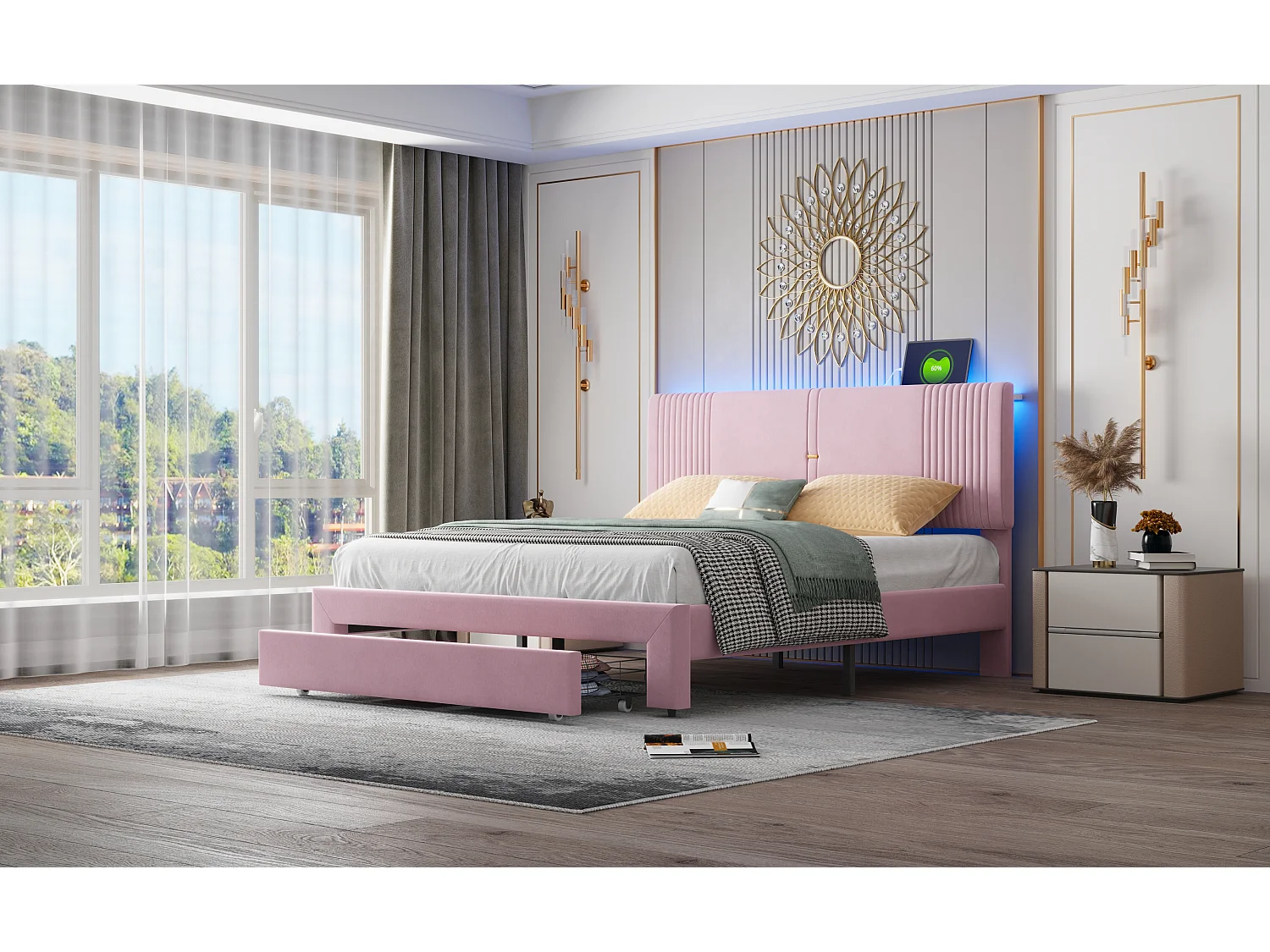 160 x 200 cm Polsterbett mit Kopfteil und 1 Schublade - USB-Anschluss und LEDs - Samtstoff - Rosa (ohne Matratze)