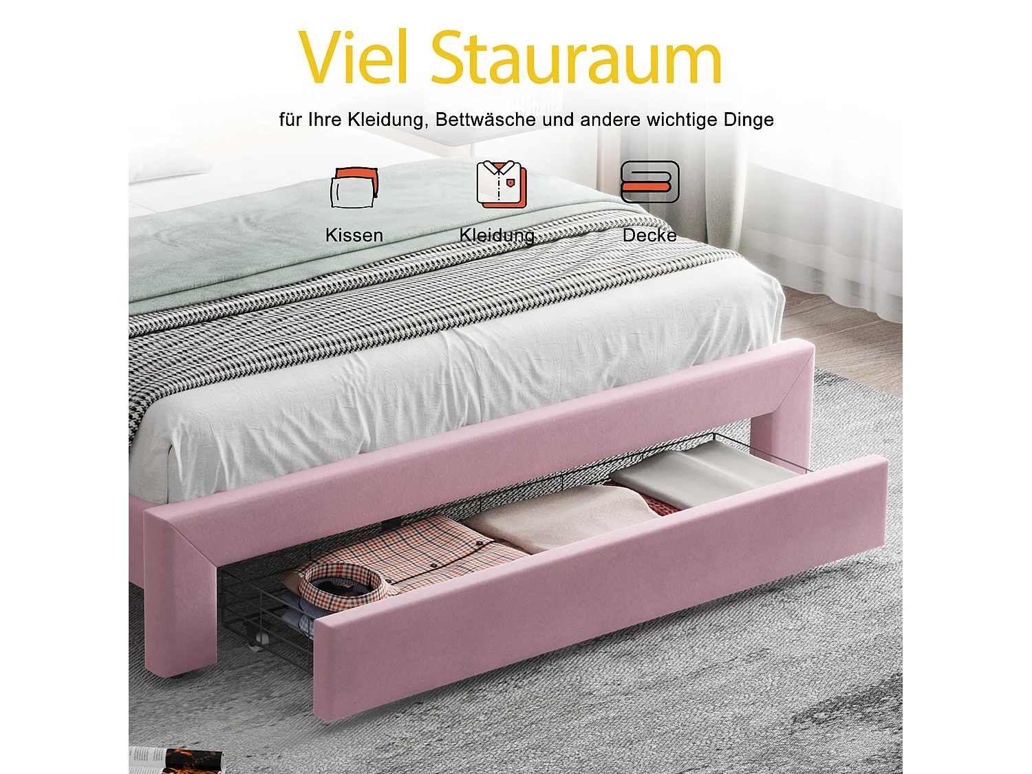 Lit capitonné 160 x 200 cm avec tête de lit et 1 tiroir - prise USB et LEDs - Tissu en velours - Rose ( sans matelas )