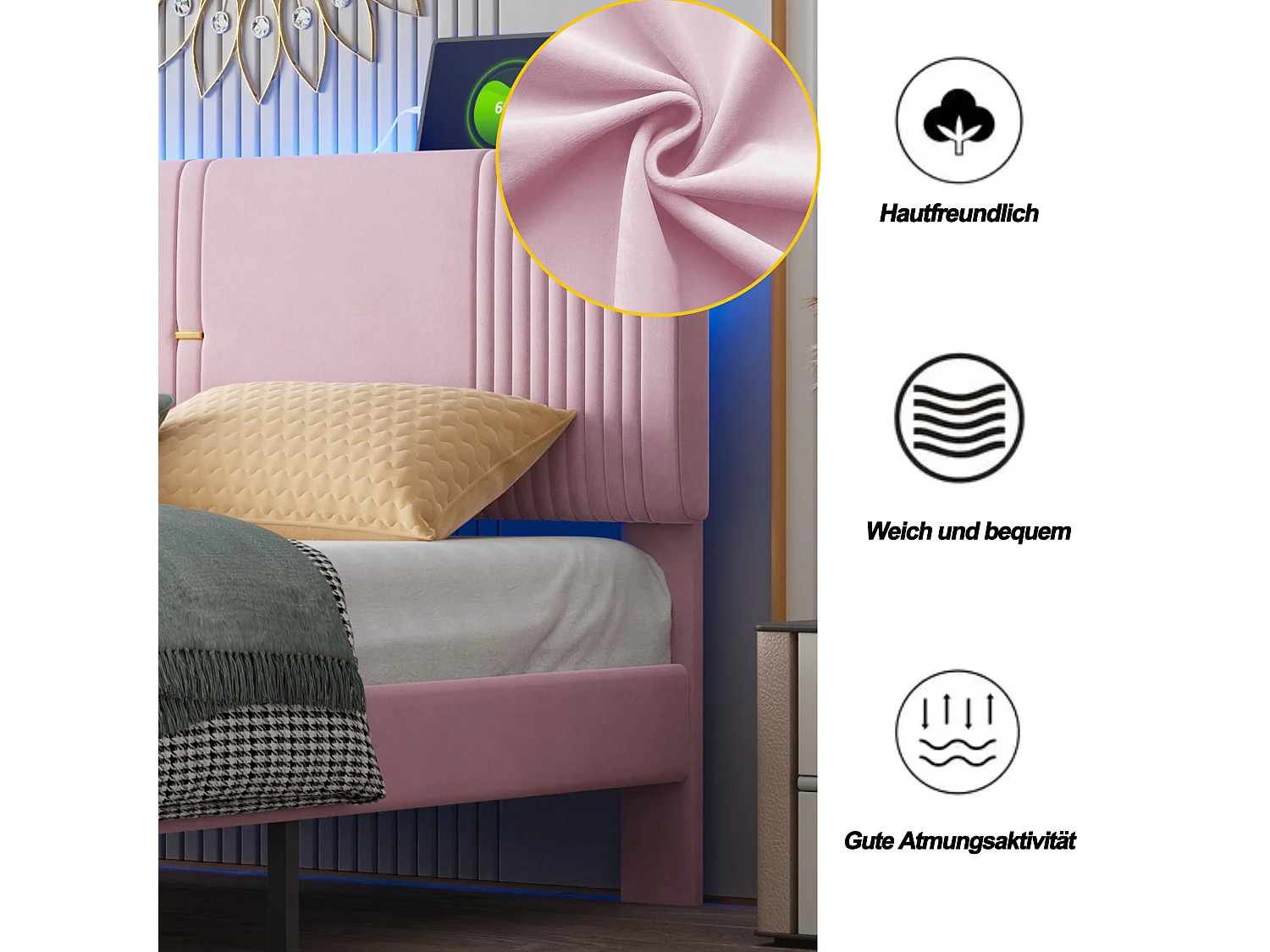 Lit capitonné 160 x 200 cm avec tête de lit et 1 tiroir - prise USB et LEDs - Tissu en velours - Rose ( sans matelas )