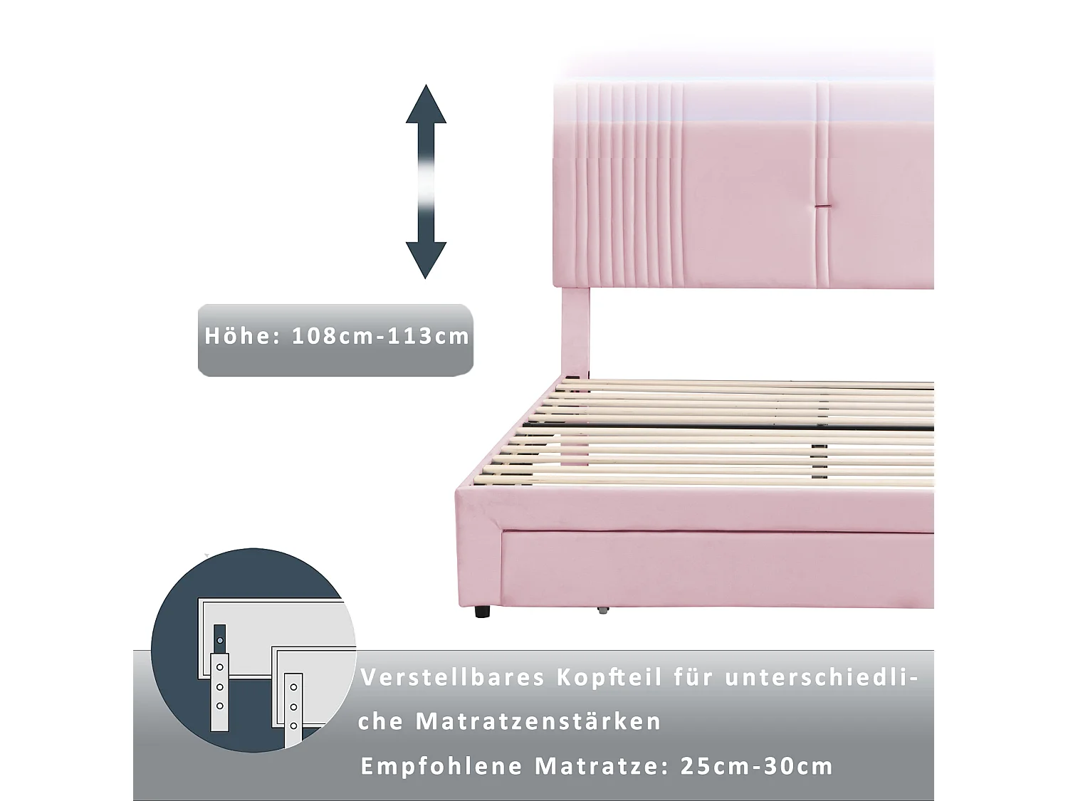 Lit capitonné 160 x 200 cm avec tête de lit et 1 tiroir - prise USB et LEDs - Tissu en velours - Rose ( sans matelas )