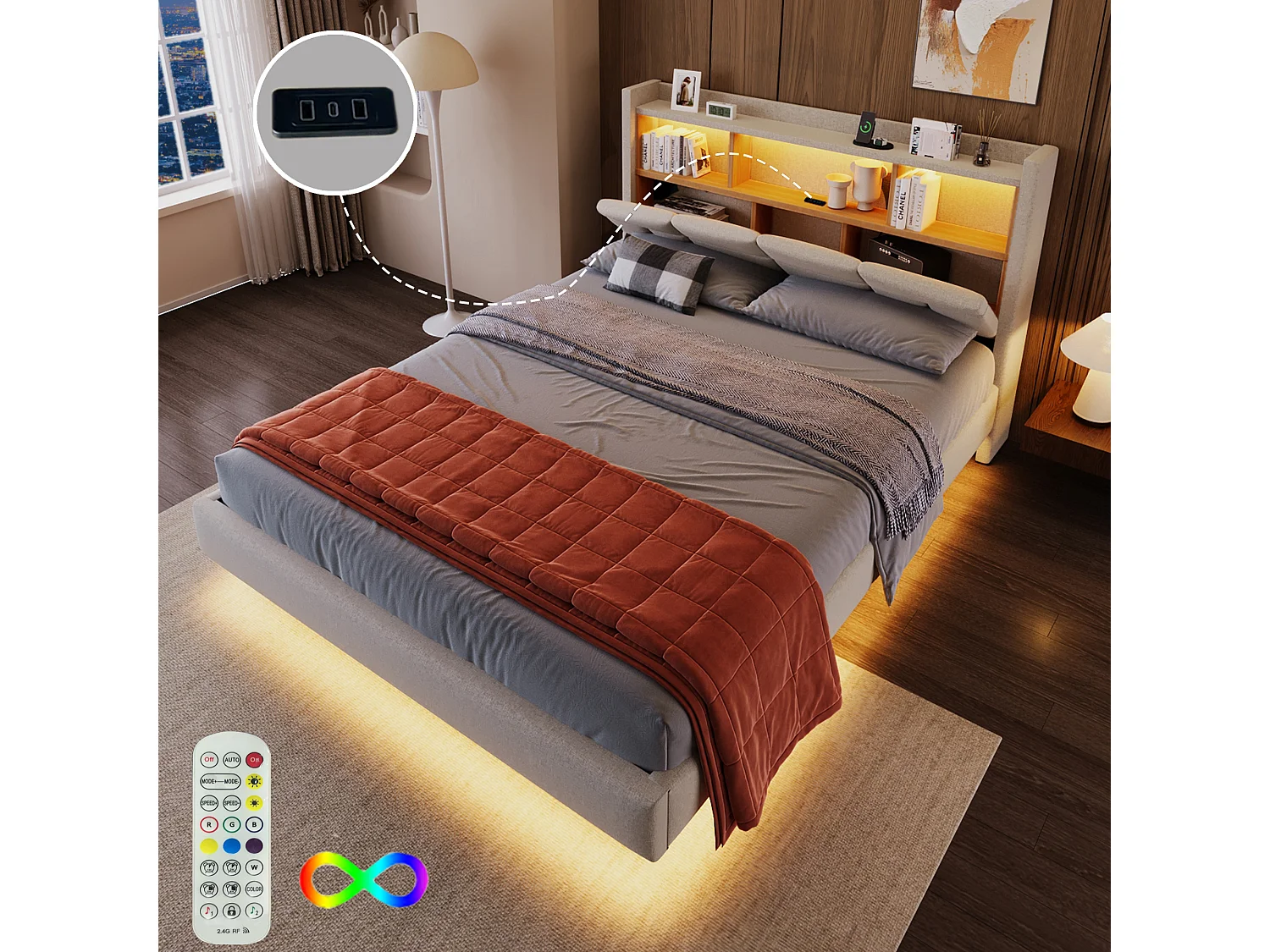 Lit capitonné 140 x 200 cm - tête de lit avec étagère, charge usb+type-c - LEDs- Tissu en lin - Beige (sans matelas)
